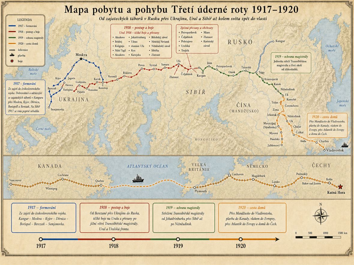 Mapa pobytu a pohybu Třetí úderné roty v letech 1917 až 1920