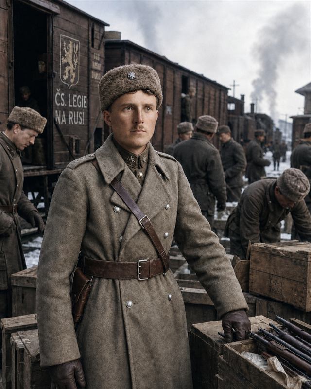 Legionáři u ešalonu a beden se zásobami