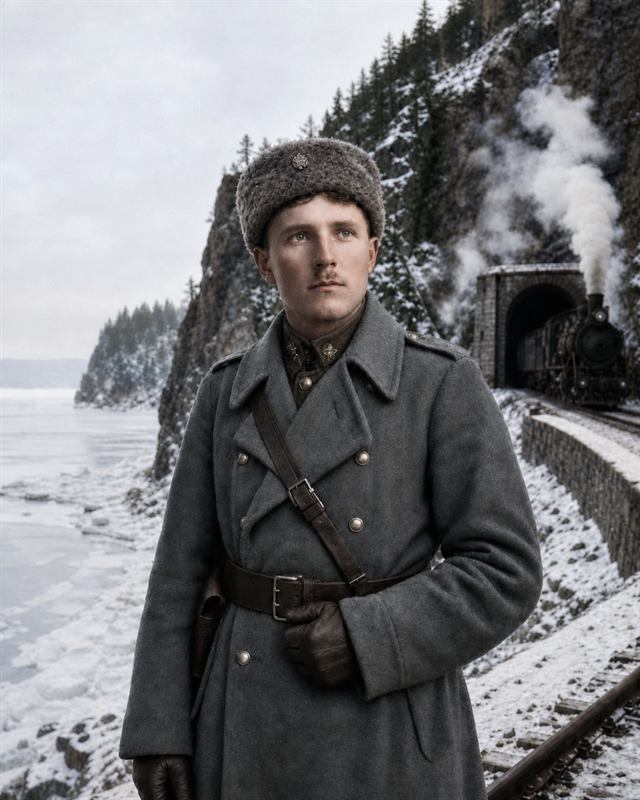 Legionář u zimní železniční trati a tunelu