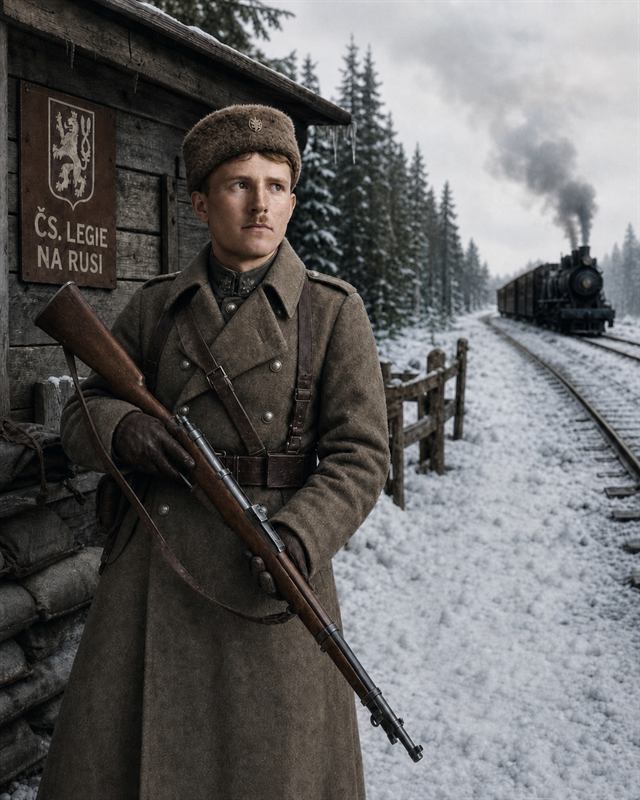 Legionář na stráži u stanice Čs. legie na Rusi