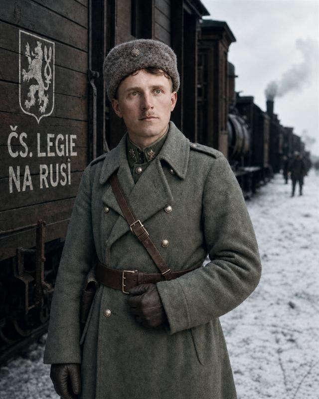 Legionář stojící u ešalonu Čs. legie na Rusi