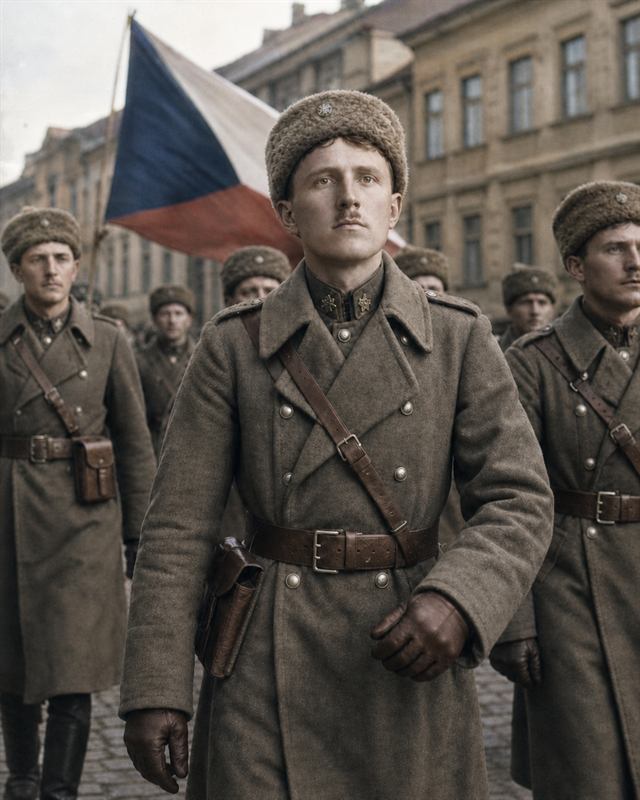 Pochod legionářů s československou vlajkou