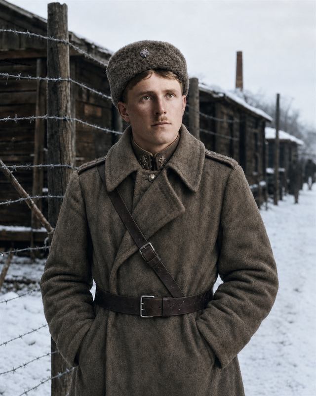 Legionář v zimním táborovém prostoru s ostnatým drátem